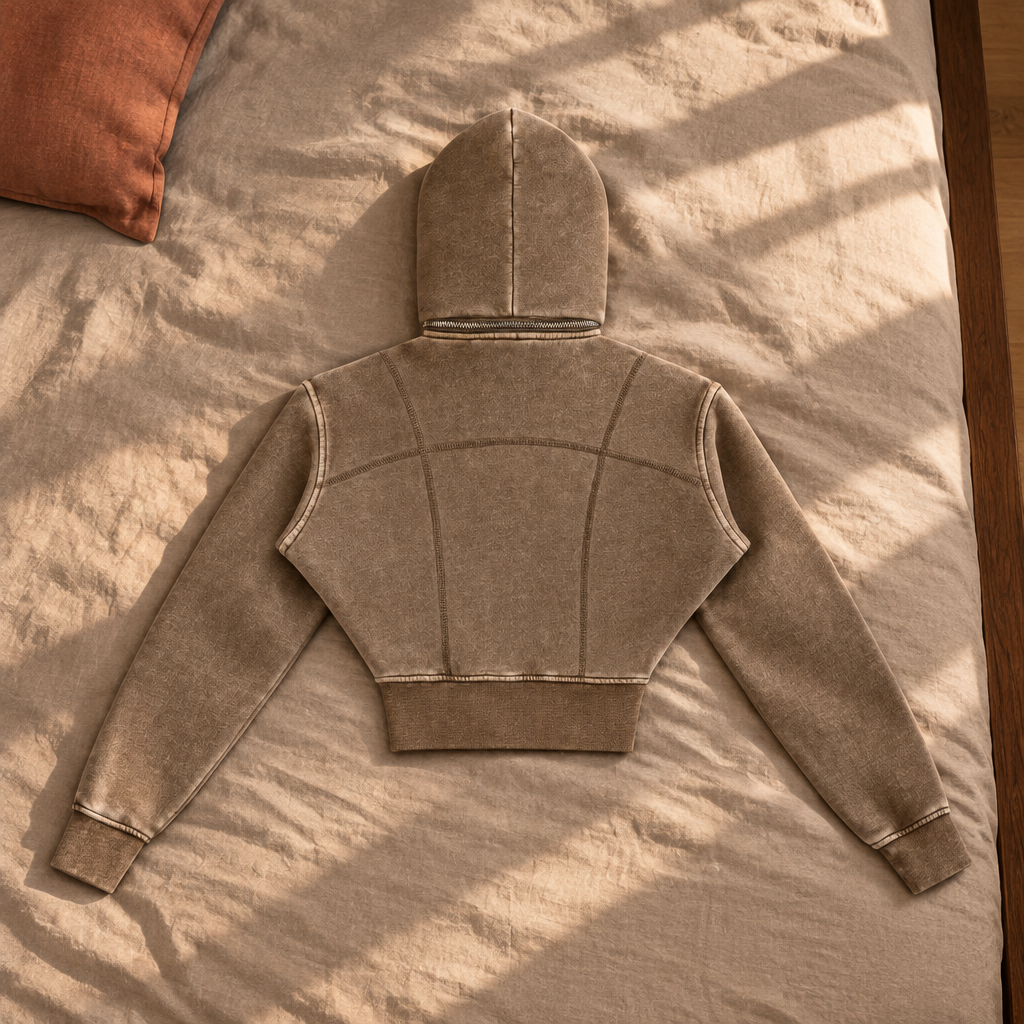 Coffee-brown cropped fleece hoodie back on sunlit bedding
