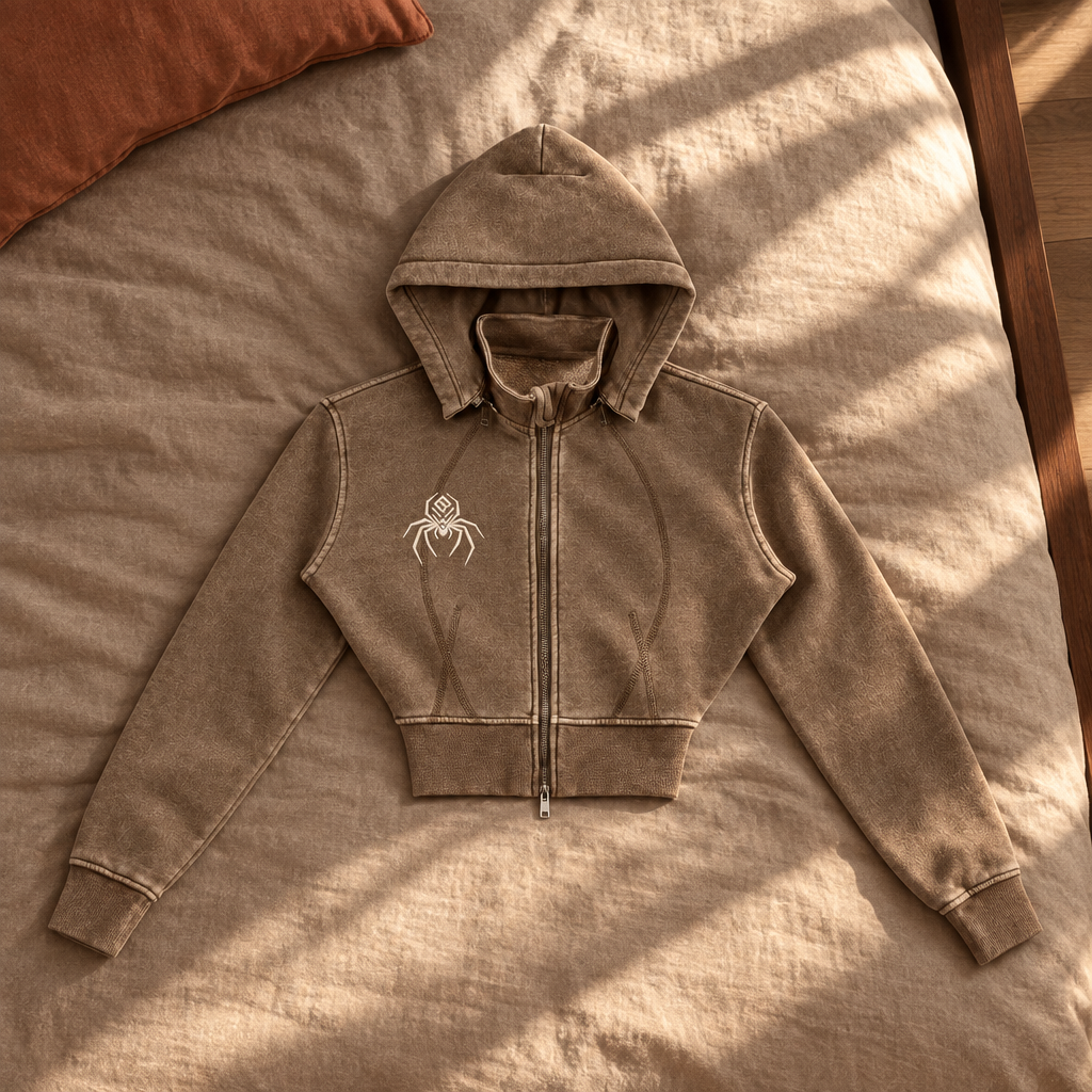 Coffee-brown cropped fleece hoodie front on sunlit bedding