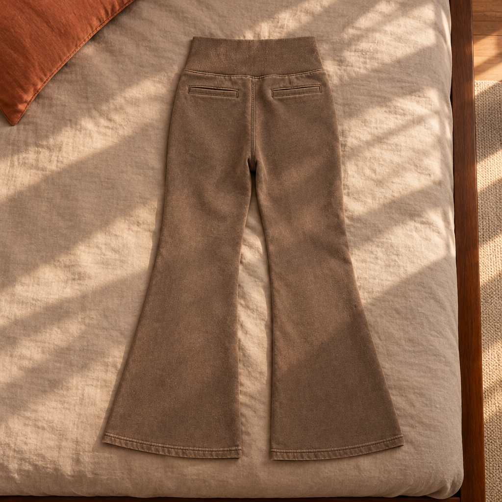 Coffee-brown flared fleece pants back on sunlit bedding