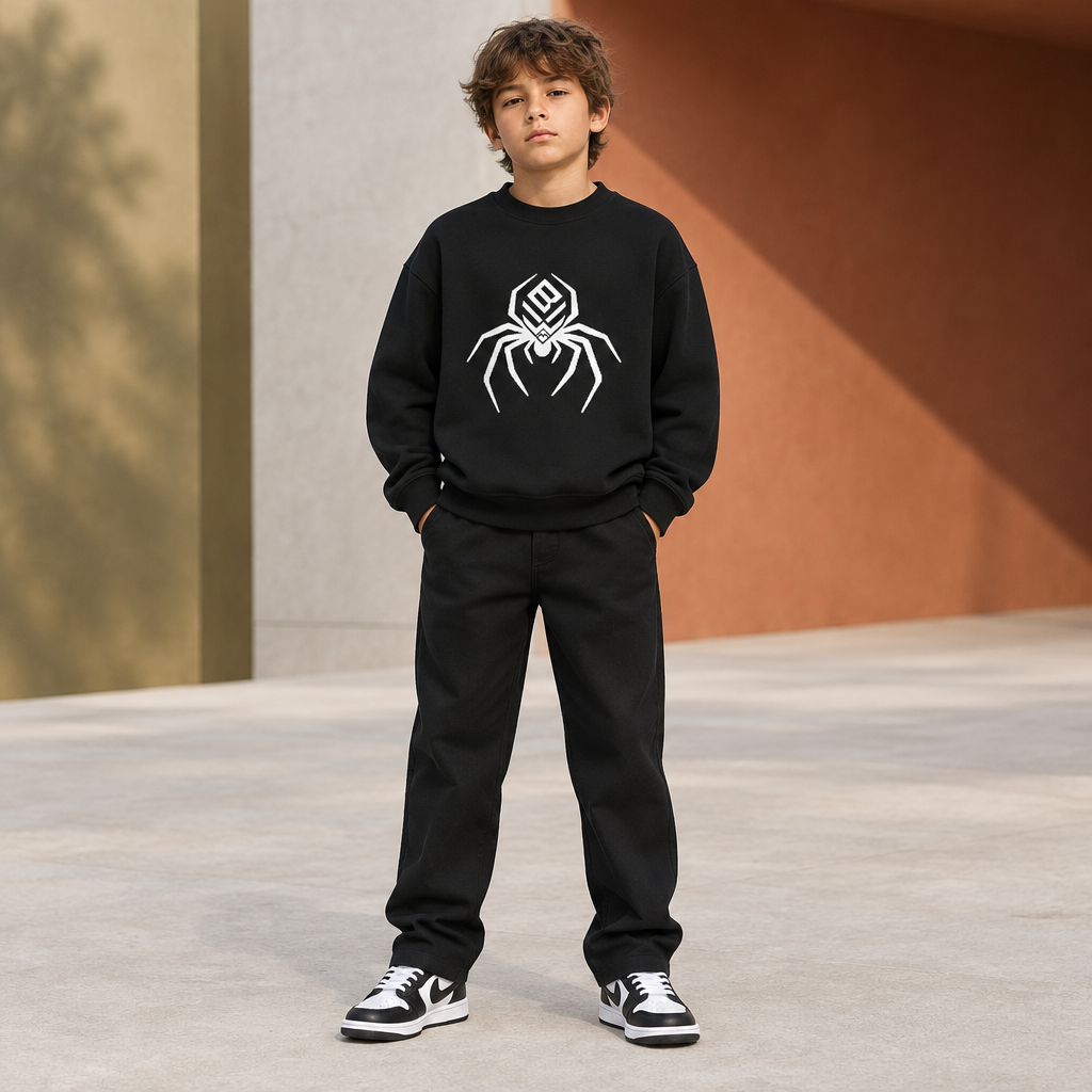 Corrected model image with the exact spider-only sweatshirt design