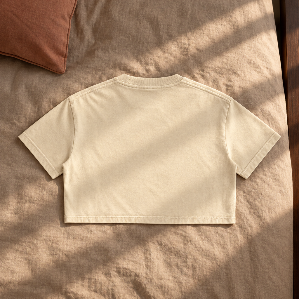 Corrected plain cream Crop Tee back in sunlight