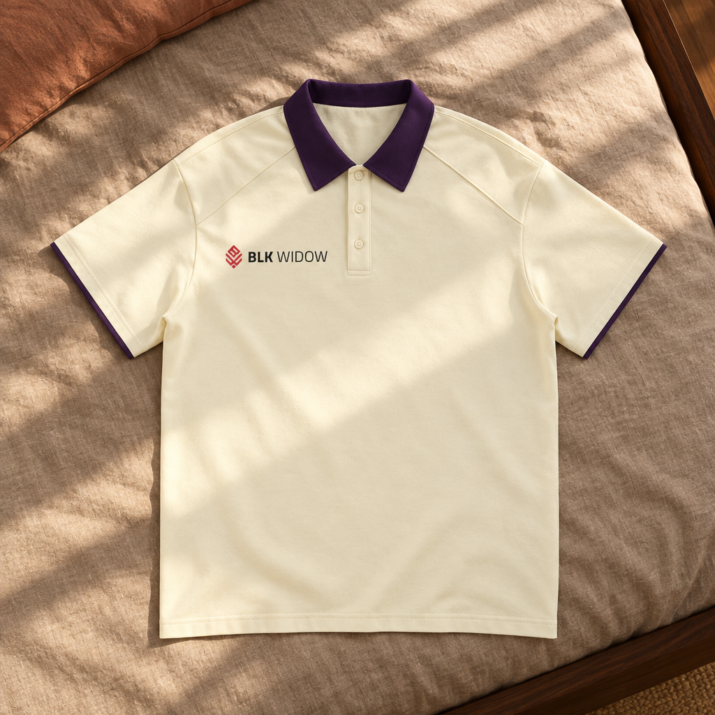 Cream and purple polo front on sunlit bedding