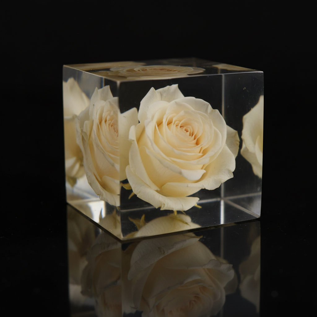Cream Rose Epoxy Cube - Realistic