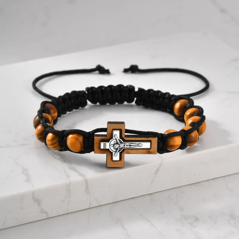 Retro Wooden Cross Bracelet With Woven Chain