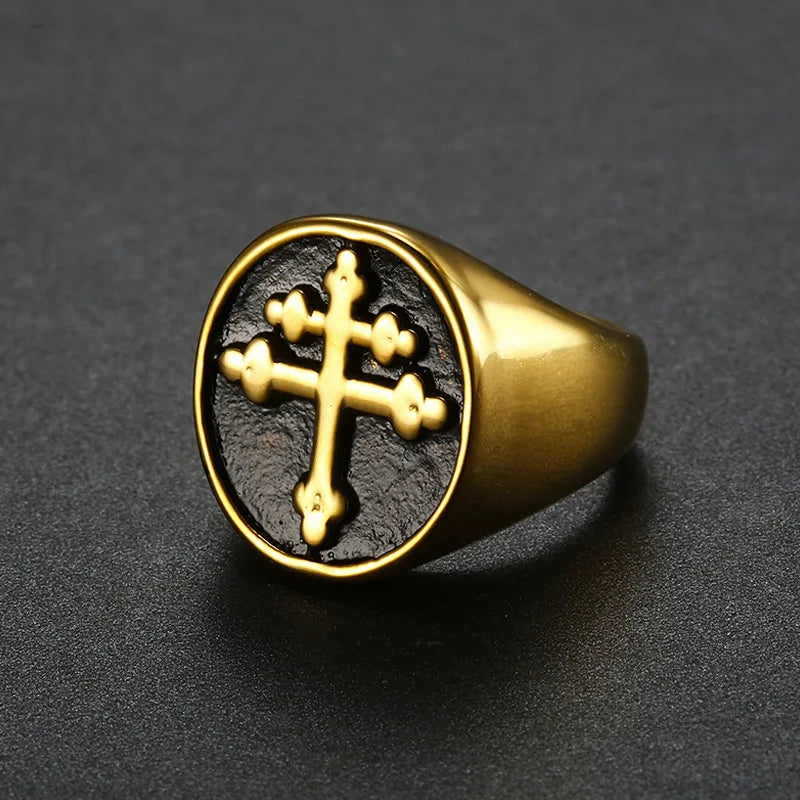 Retro Cross Stainless Steel Men's Ring – Gold & Silver