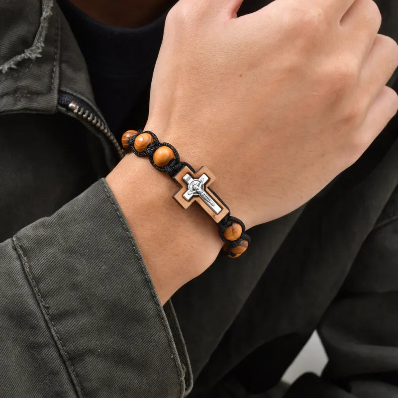 Retro Wooden Cross Bracelet With Woven Chain