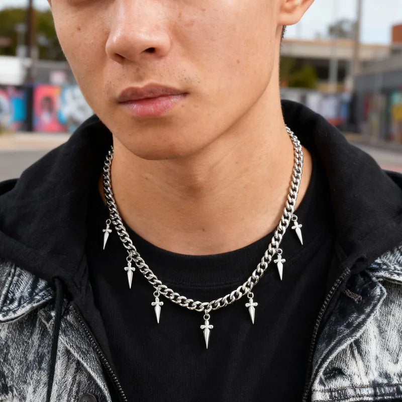 Men's Stainless Steel Cross Pendant Cuban Chain Necklace