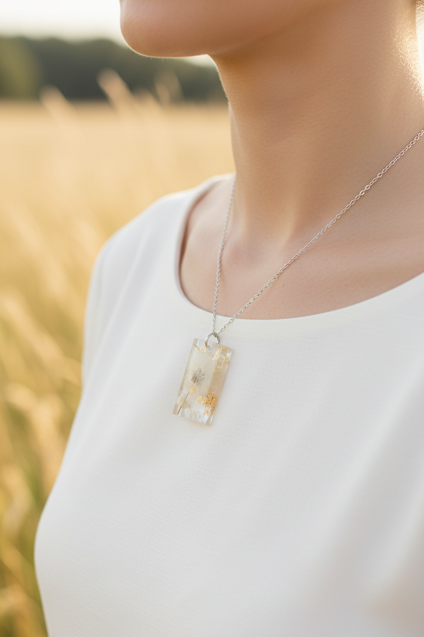 Dandelion Dried Flower Resin Necklace - Lifestyle