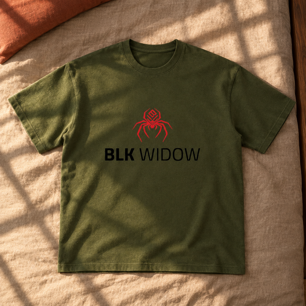 Dark olive green T-shirt front in sunlight