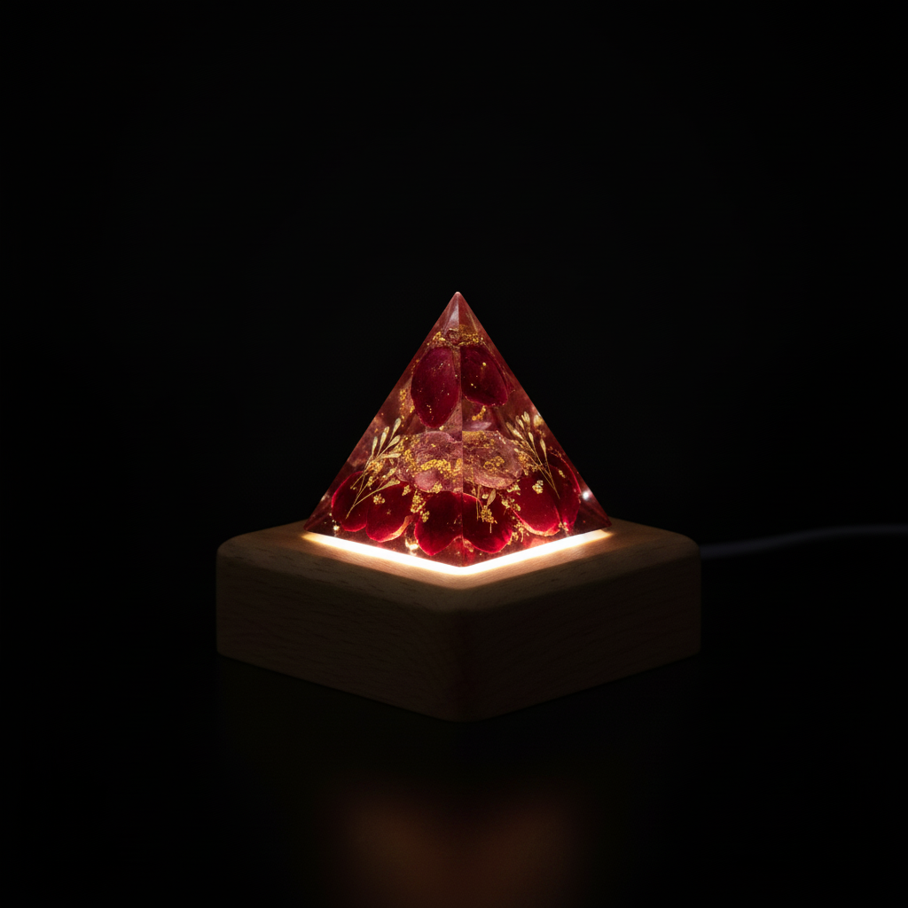 Deep red botanical pyramid lamp on a wooden base