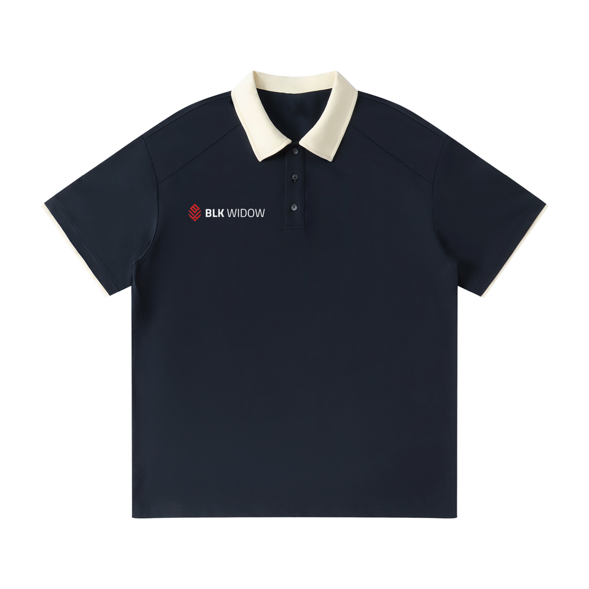 A short-sleeve polo shirt in dark navy blue with a contrasting cream collar and a small 'BLK WIDOW' logo printed on the left chest, displayed on a clean white background.