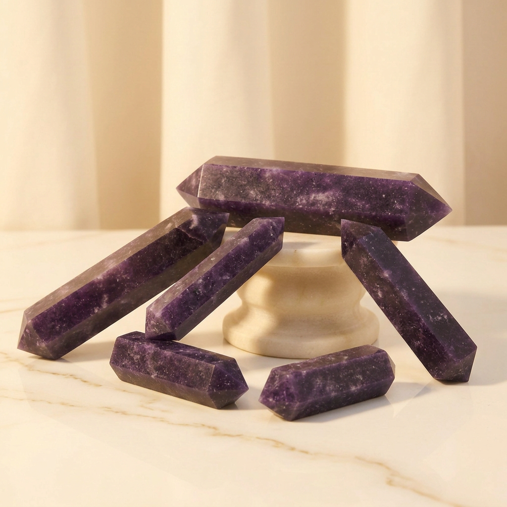 Double-pointed violet pillars on warm white-and-gold marble