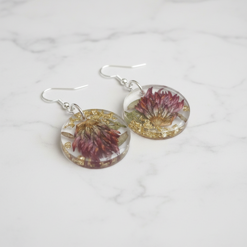 Dried Flower Round Earrings on White Marble