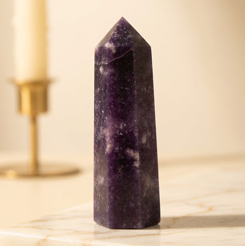 Editorial close-up of Violet Obelisk on warm marble