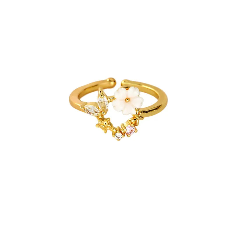 18K Gold Plated Zircon Flower Open Ring – Waterproof & Non-Tarnish