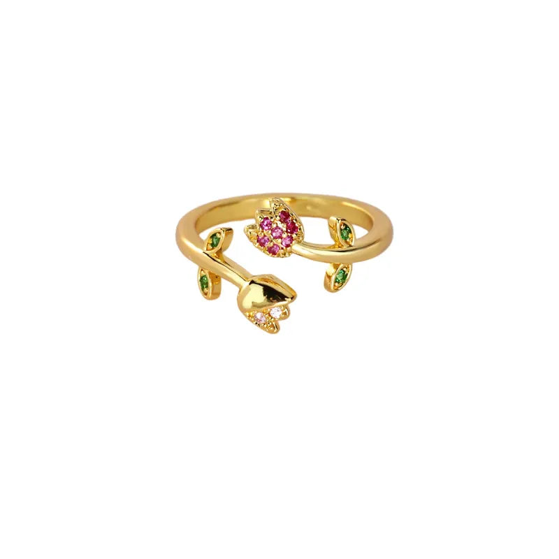 18K Gold Plated Zircon Flower Open Ring – Waterproof & Non-Tarnish