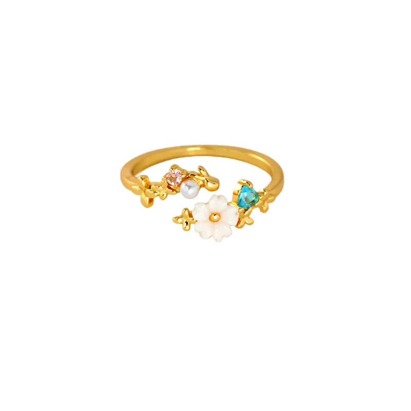 18K Gold Plated Zircon Flower Open Ring – Waterproof & Non-Tarnish