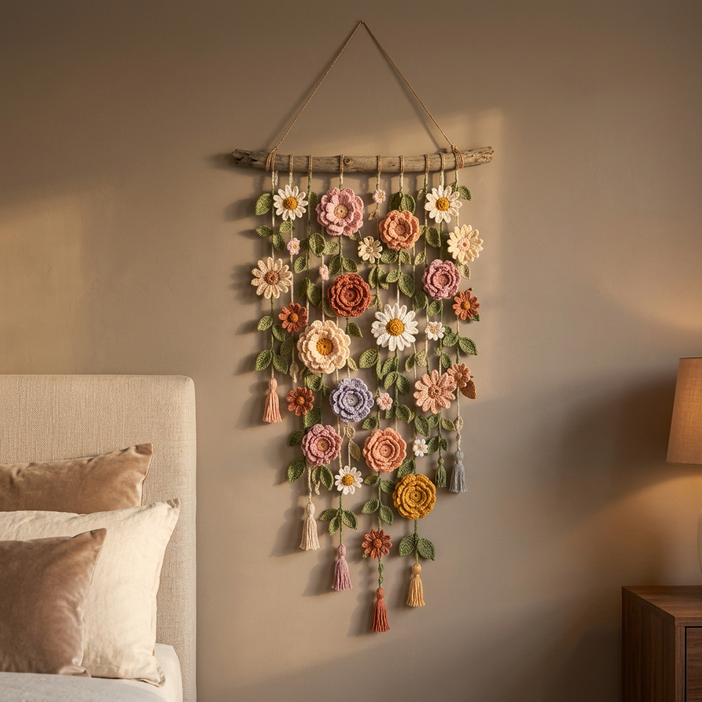 Floral wall hanging in a cosy luxury bedroom