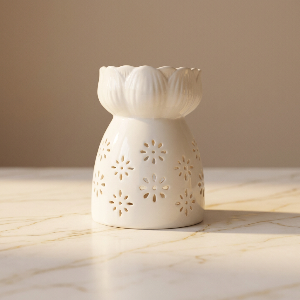 Flower-cutout ceramic holder in a warm marble setting