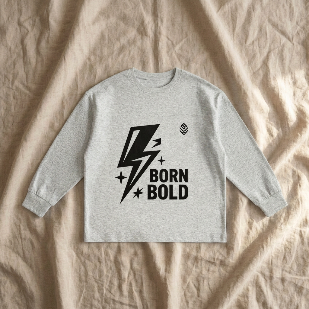 Flower Gray Born Bold T-shirt on cream linen bedsheets