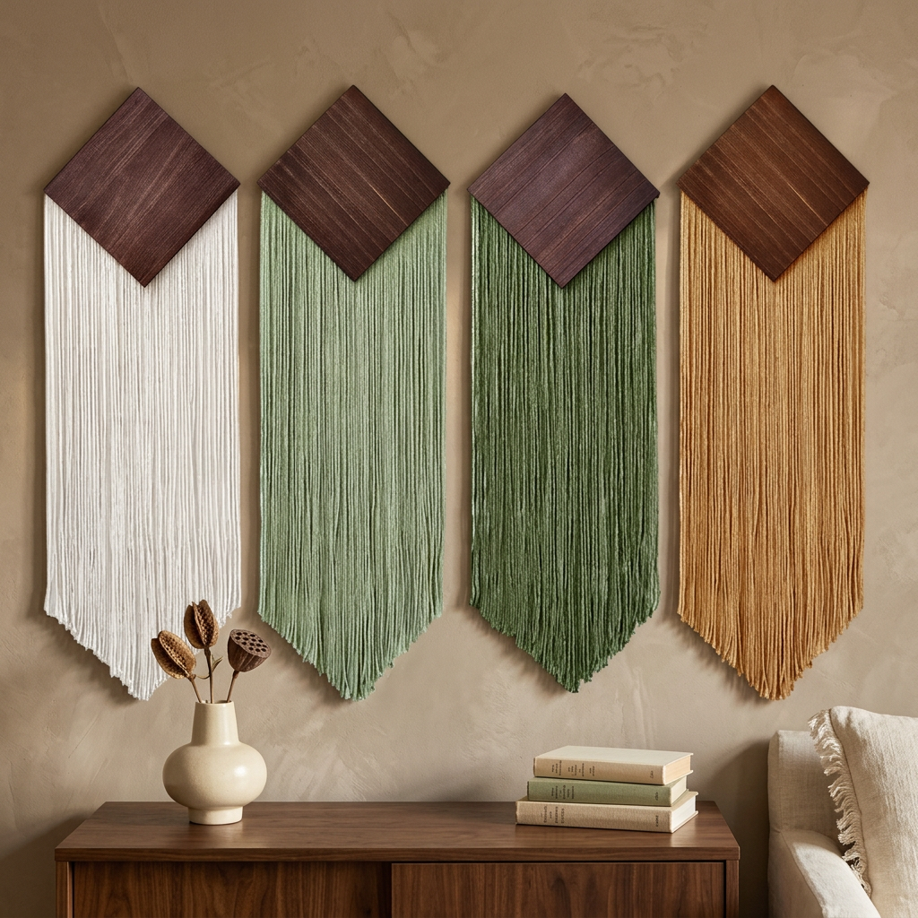 Four wall hangings above a walnut console in a bohemian interior