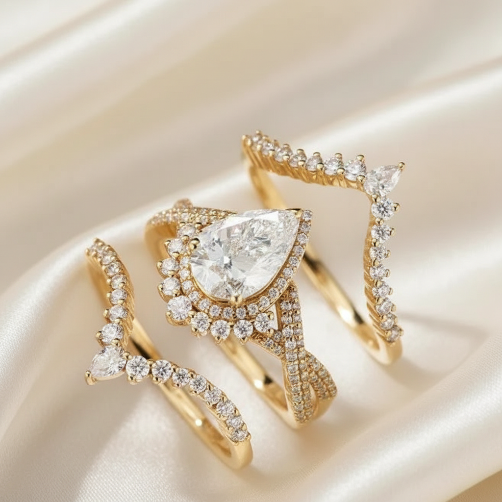 Geometric Gold Ring Set - Cream Silk