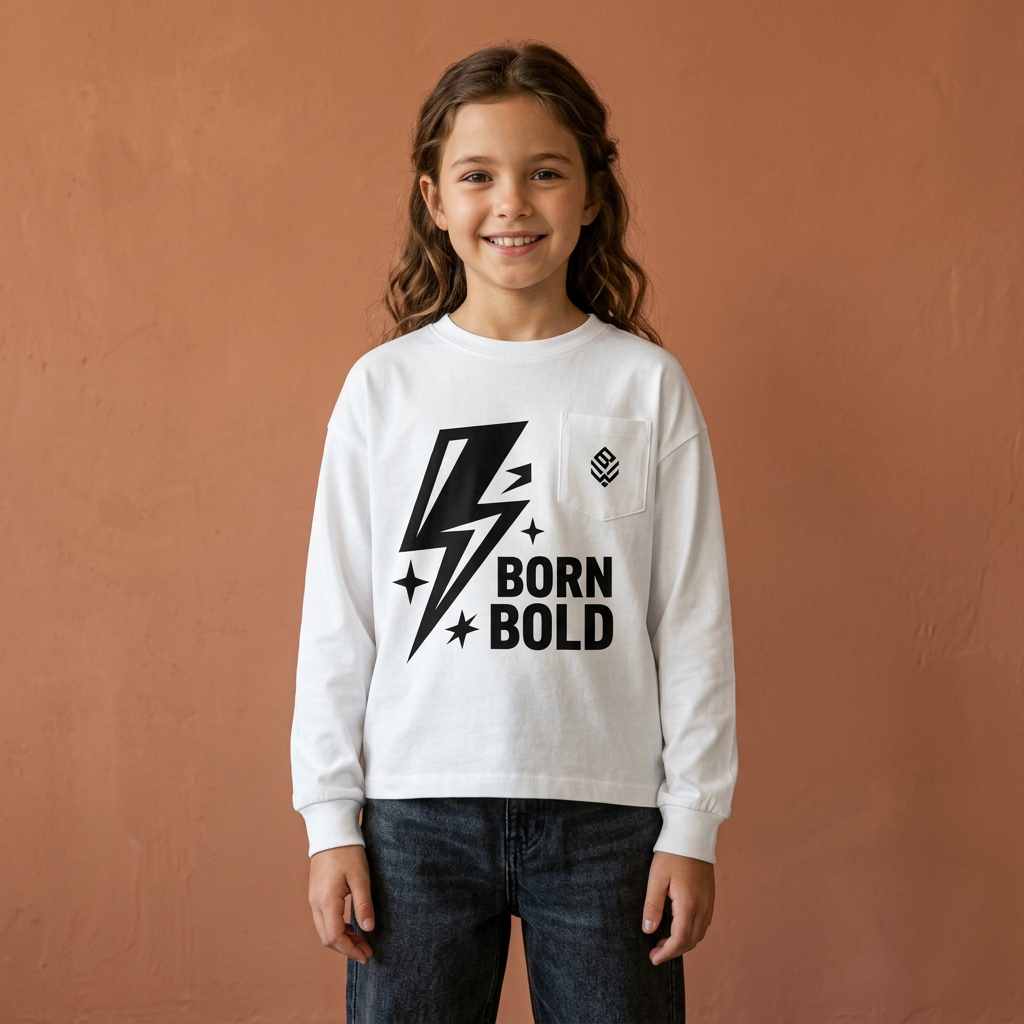 Girl wearing the Born Bold long-sleeve T-shirt