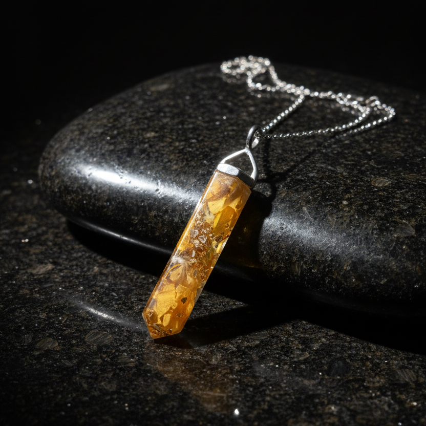 Golden Resin Pendant on Black Granite