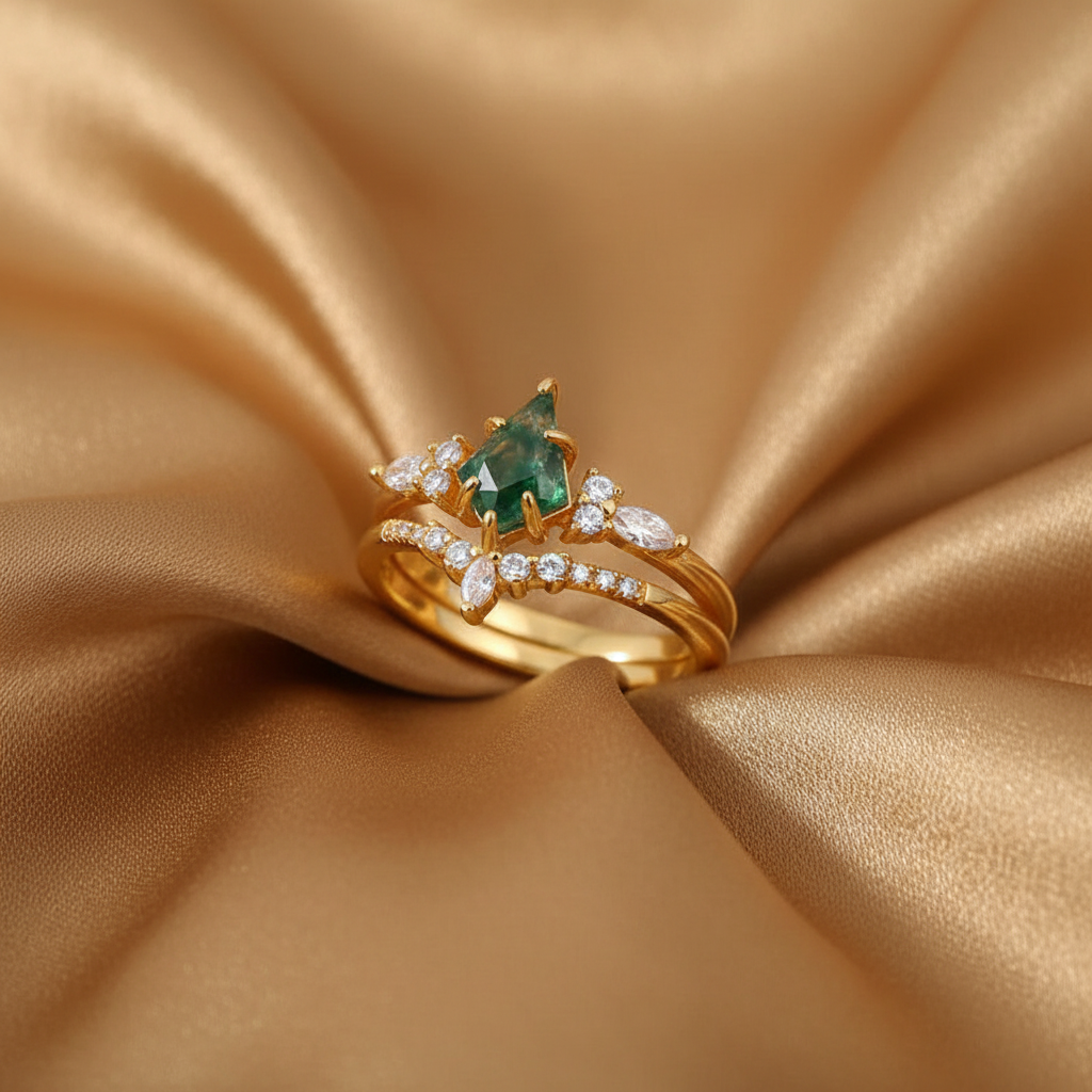 Green Gemstone Ring - Tan Silk