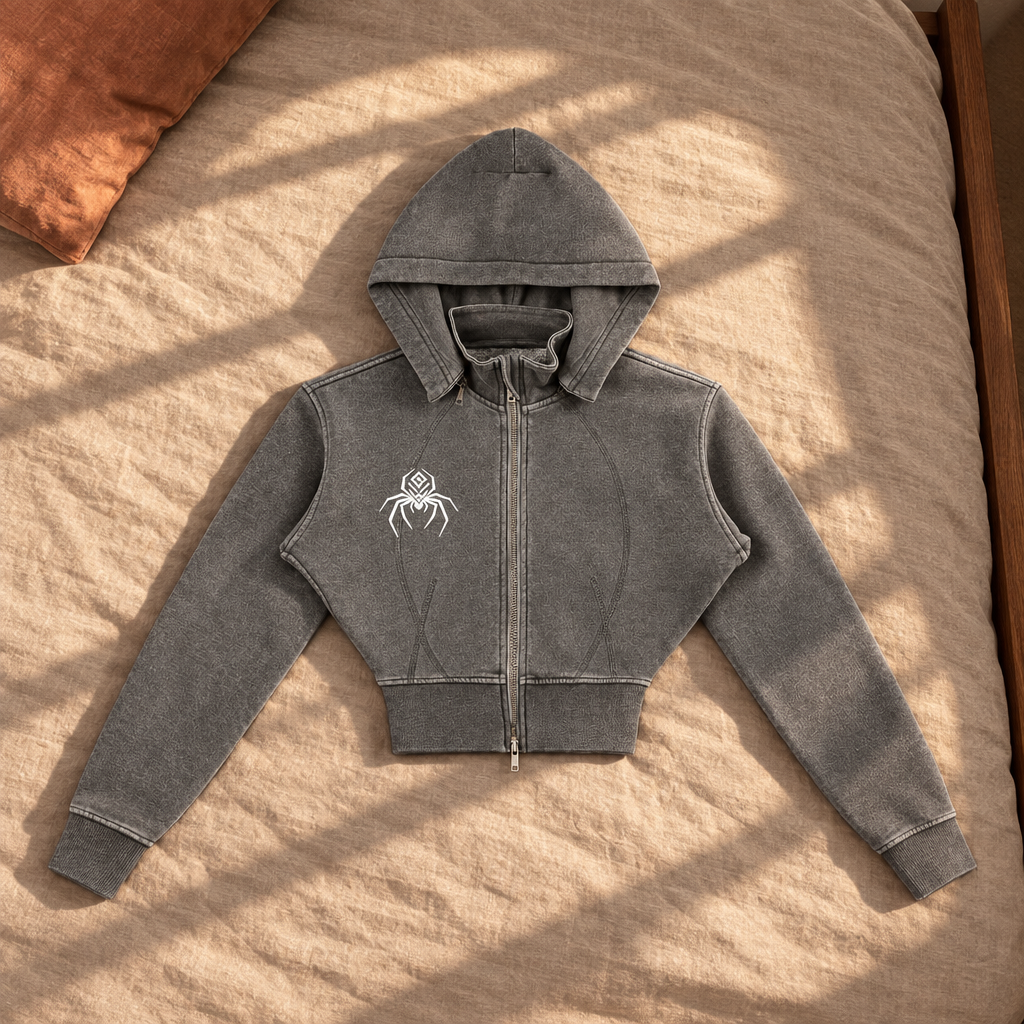 Grey cropped fleece hoodie front