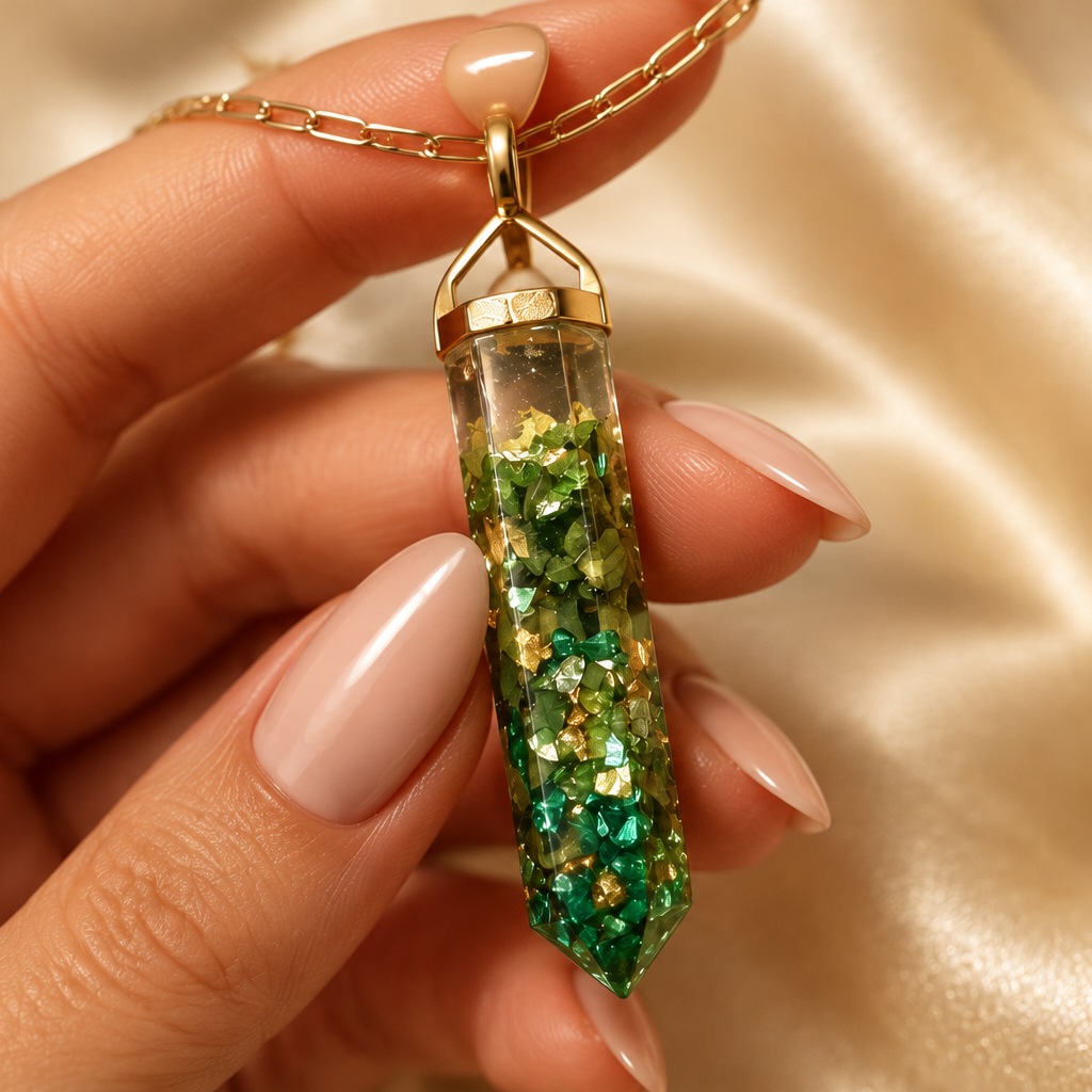 Hand holding the Malachite Infusion Pendant