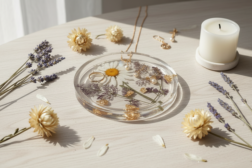 Handmade Resin Flower Tray - Desk Lifestyle