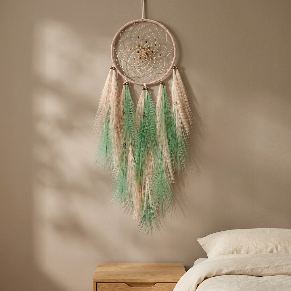 Hanging decoration in a warm neutral bedroom