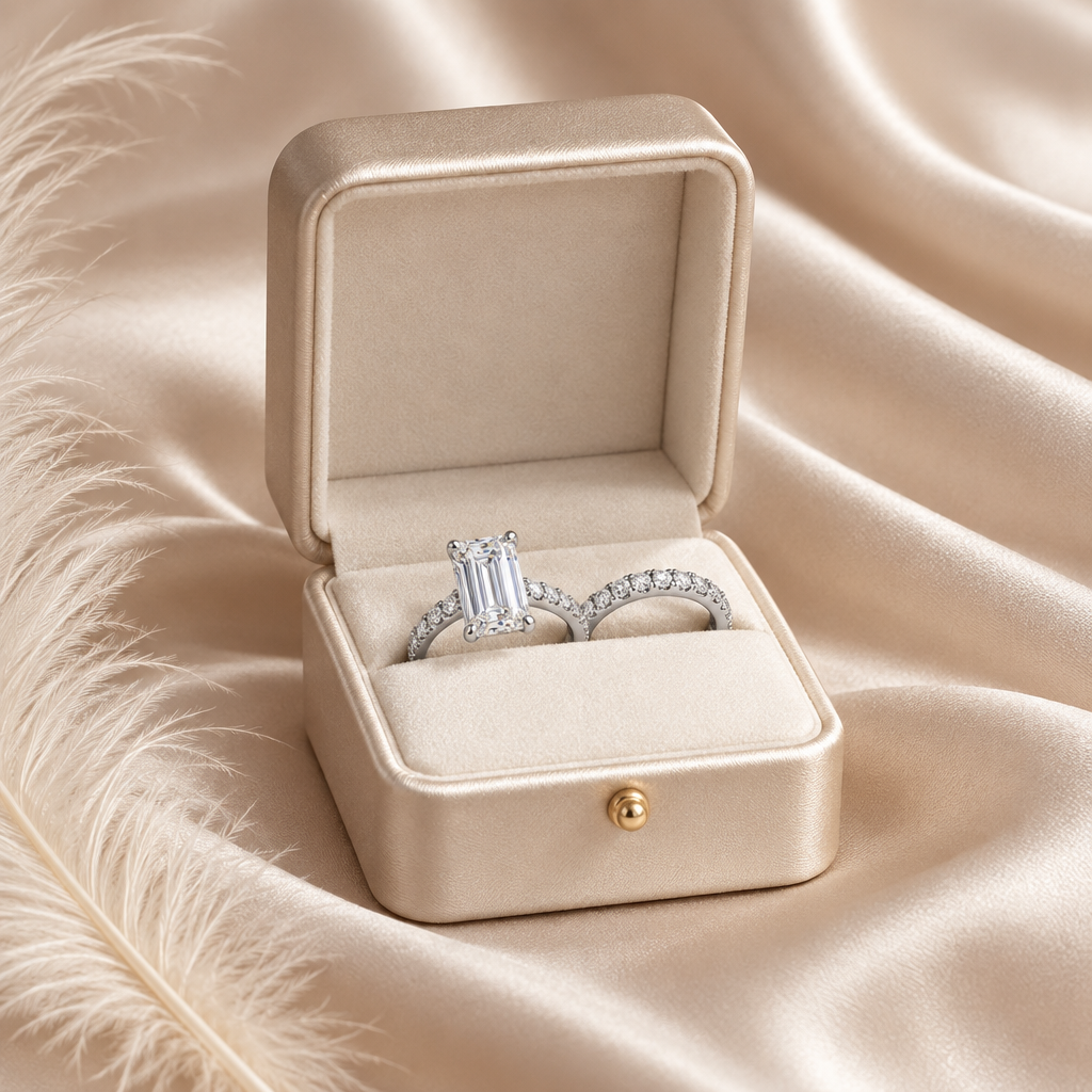 Ivory Light ring set presented in a champagne-ivory ring box