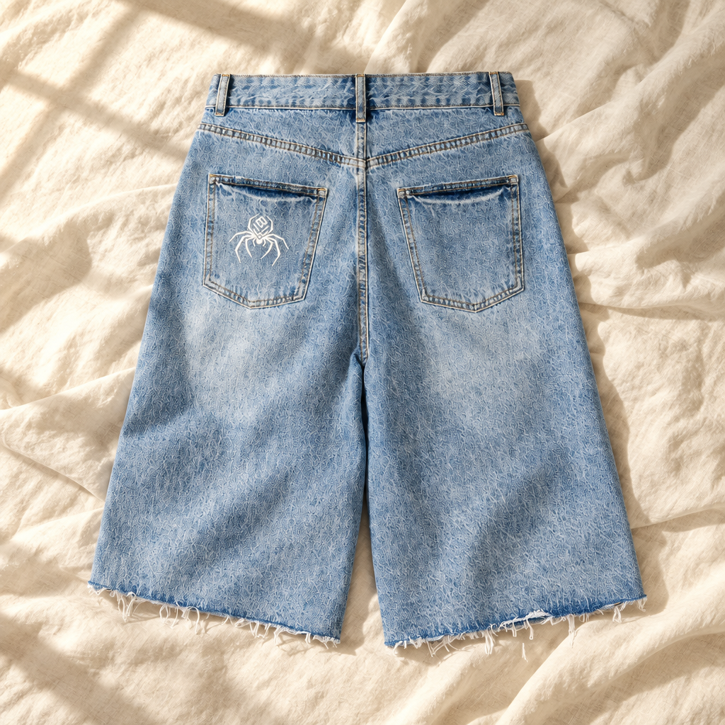 Jeans Blue denim shorts laid on cream linen