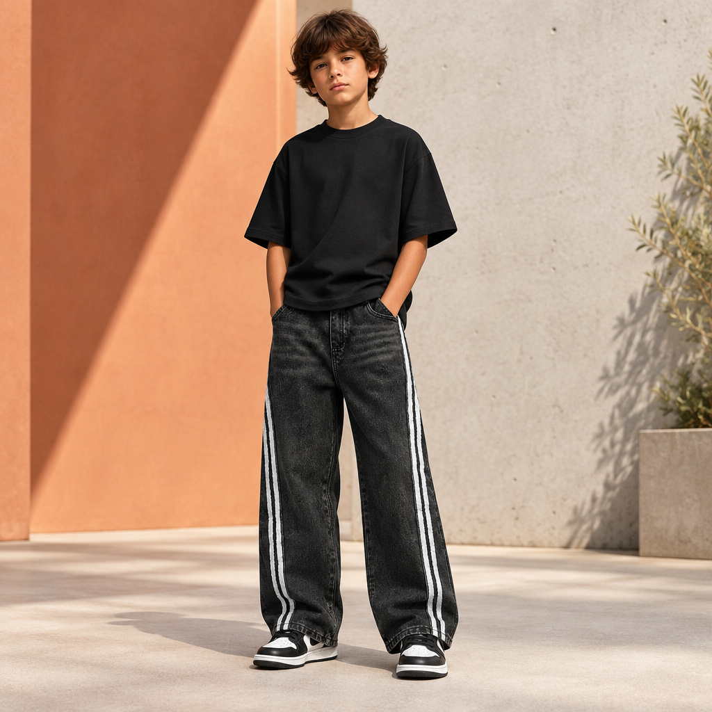 Kids’ vintage-wash side-stripe jeans model image