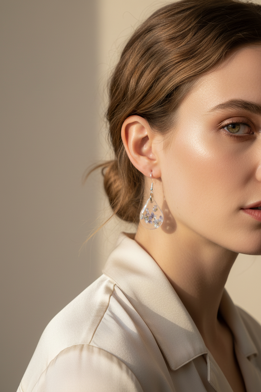 Lavender Teardrop Earrings Model Shot