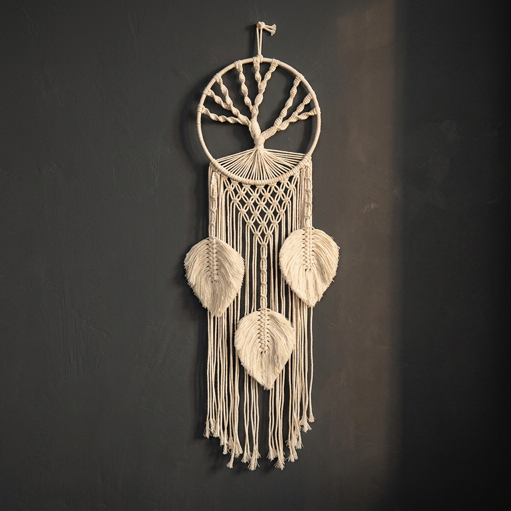 Macramé wall hanging against charcoal