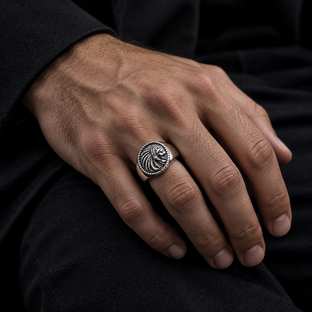 Male model hand wearing skull signet