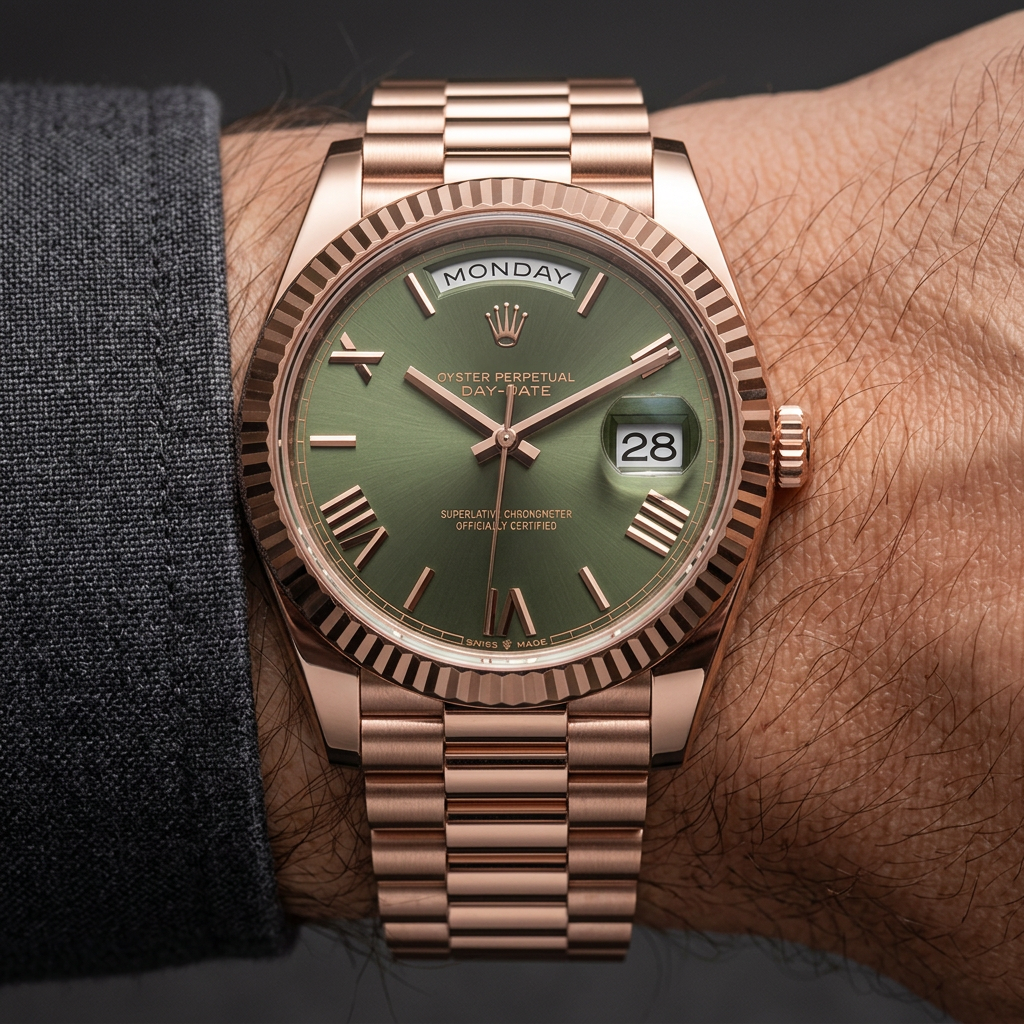 Male model wearing rose-gold green-dial watch