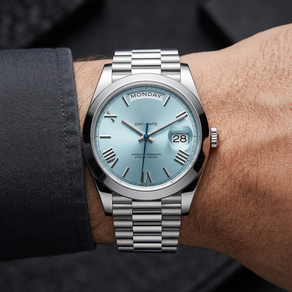 Male model wearing silver ice-blue-dial watch