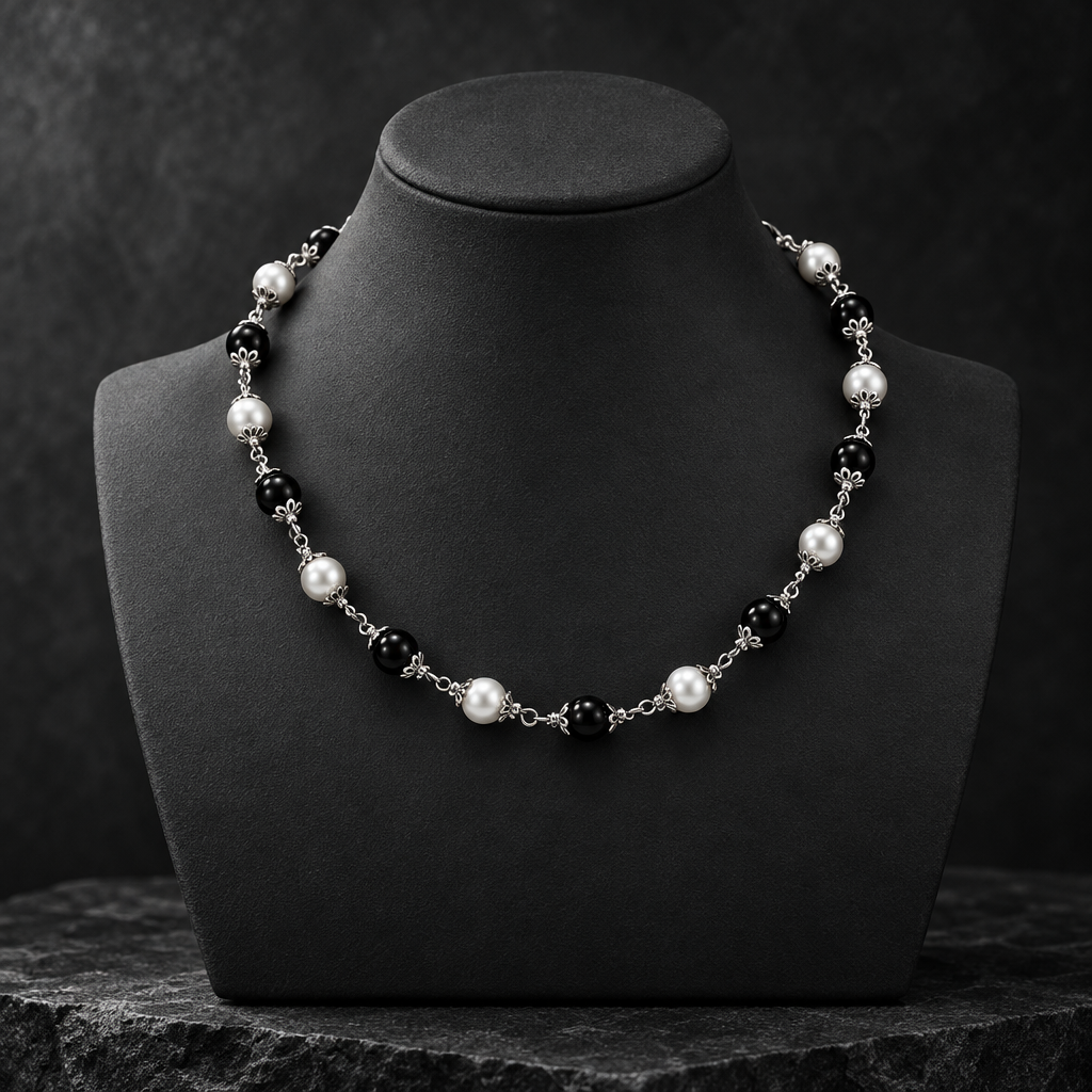 Men’s black and white necklace in BlkWidow’s dark editorial style