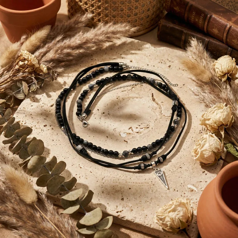 Geometric Western Style Agate Pendant Necklace - Men's Beaded Chain Jewellery