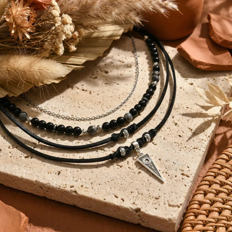 Geometric Western Style Agate Pendant Necklace - Men's Beaded Chain Jewellery