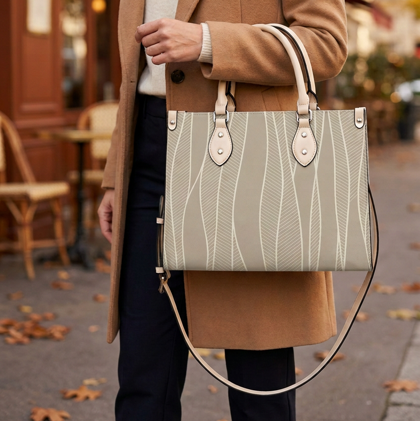 Model carrying the Willow Vein handbag in a warm autumn café setting