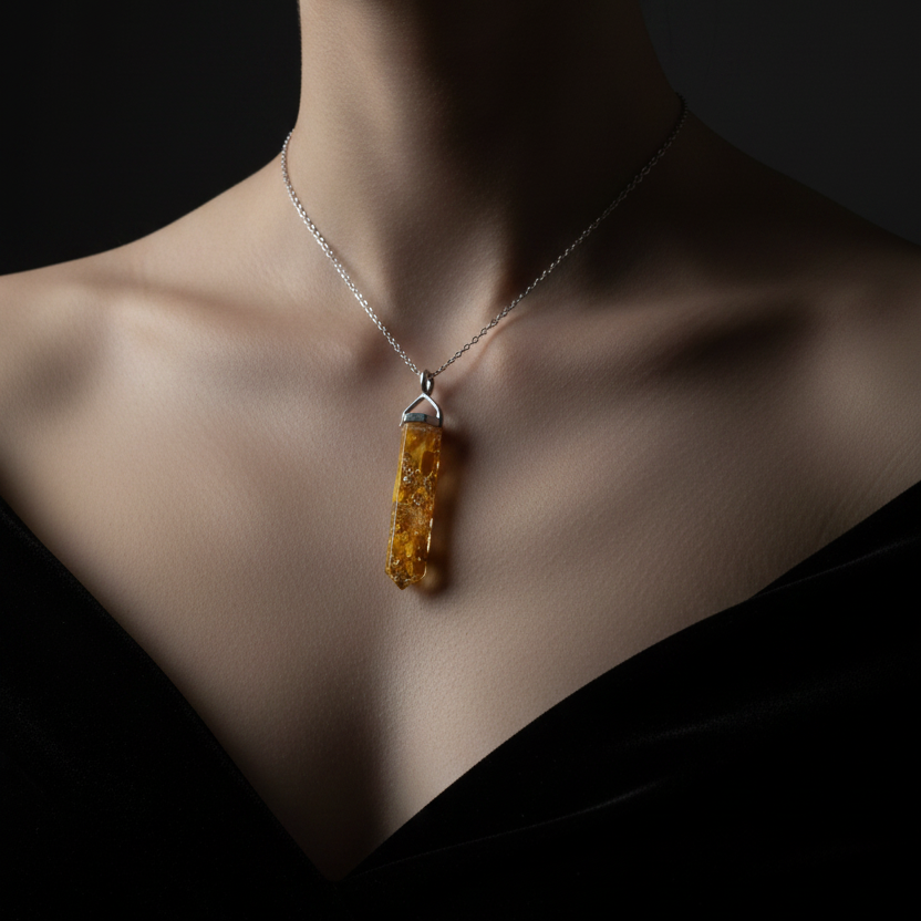 Model wearing amber resin pendant