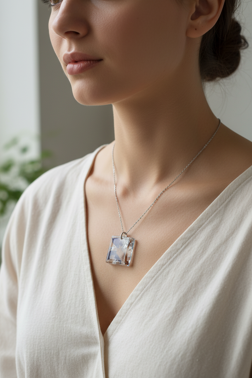 Model wearing resin pendant necklace