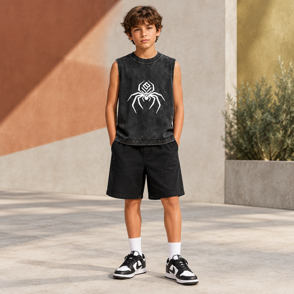 Model wearing the exact black snow-washed spider tank top