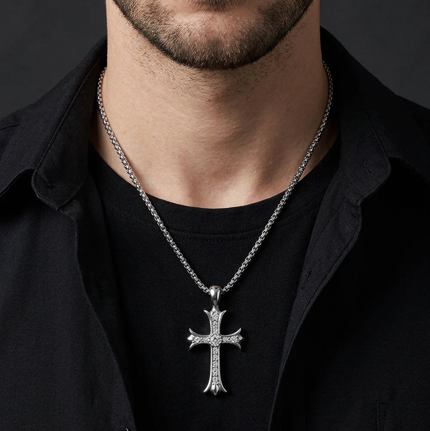 Model wearing the silver-tone Dominion Cross necklace