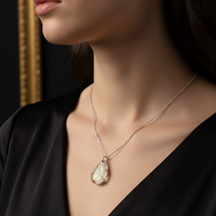 Model wearing white flower resin necklace